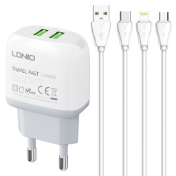 A2218   Cargador Pared 2.4A  2 USB  Micro  Blanco  LDNIO